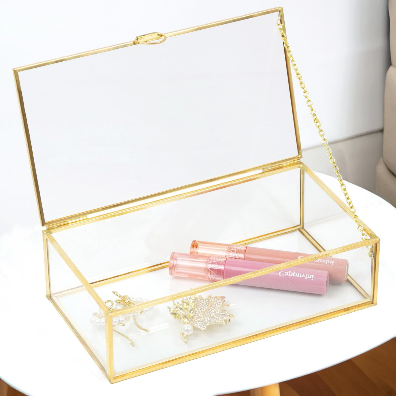 Clear Glass Decorative Box for Organizing Photos, Jewelry, Small Items - Golden Dresser Drawer Or... | Amazon (US)