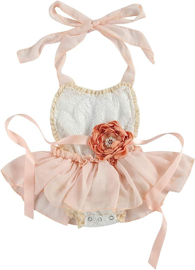 Madjtlqy 2Pcs Newborn Baby Girl Lace Ruffles Sleeve Bodysuits Backless Jumpsuit Clothes Romper Se... | Amazon (US)