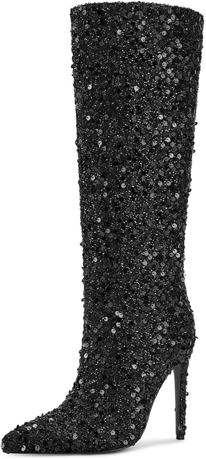 wetkiss Sequins Knee High Boots Women Pointed Toe Stiletto Heel Bling Long Boots Tall Boots Spark... | Amazon (US)
