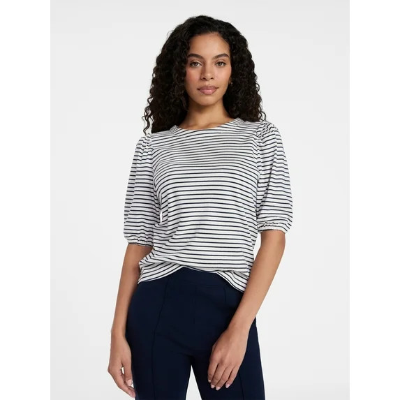 Time and Tru Women's Cotton Crewneck Tee with Puff Sleeves, Sizes XS-XXXL | Walmart (US)