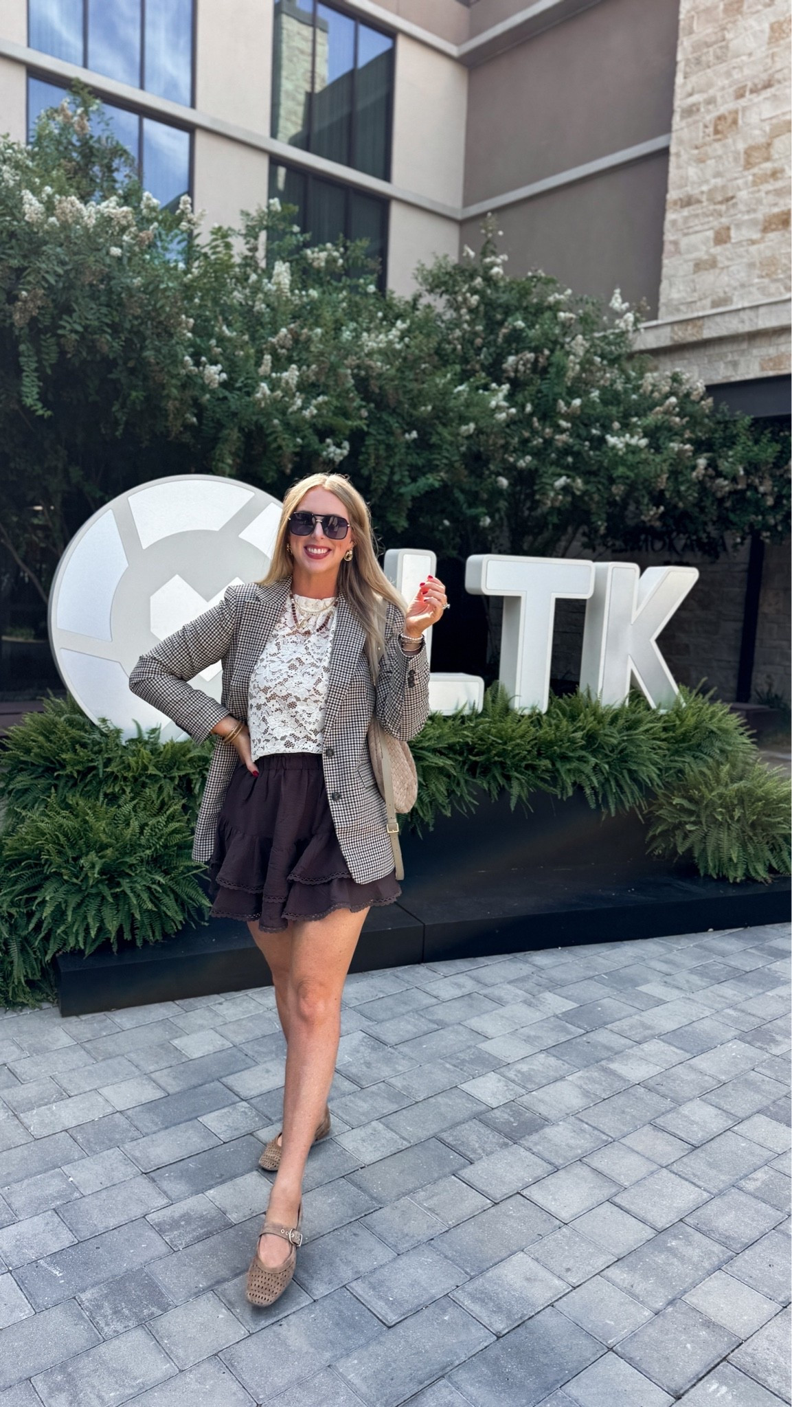 LTK Con outfit! Plaid blazer, lace blouse and brown skort!

#LTKCon #LTKootd #LTKSaleAlert
