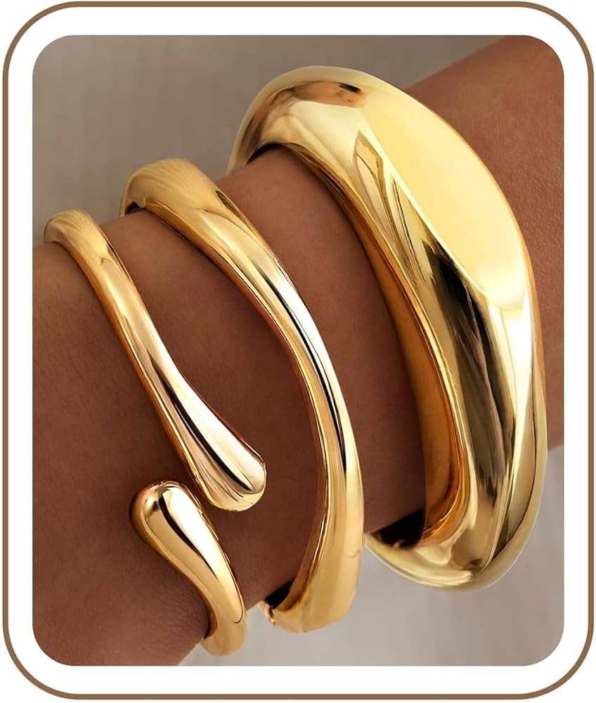 Chunky Gold Bangle Bracelets for Women, 14K Gold Plated Big Stackable Cuff Bracelet Set, Dainty T... | Amazon (US)