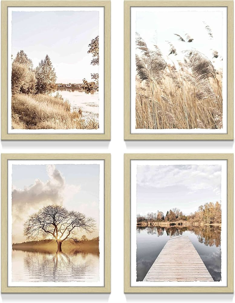 Lake Wall Art Framed Decor: Modern Living Room Bedroom Tree Sunset Landscape Picture Vintage Natu... | Amazon (US)