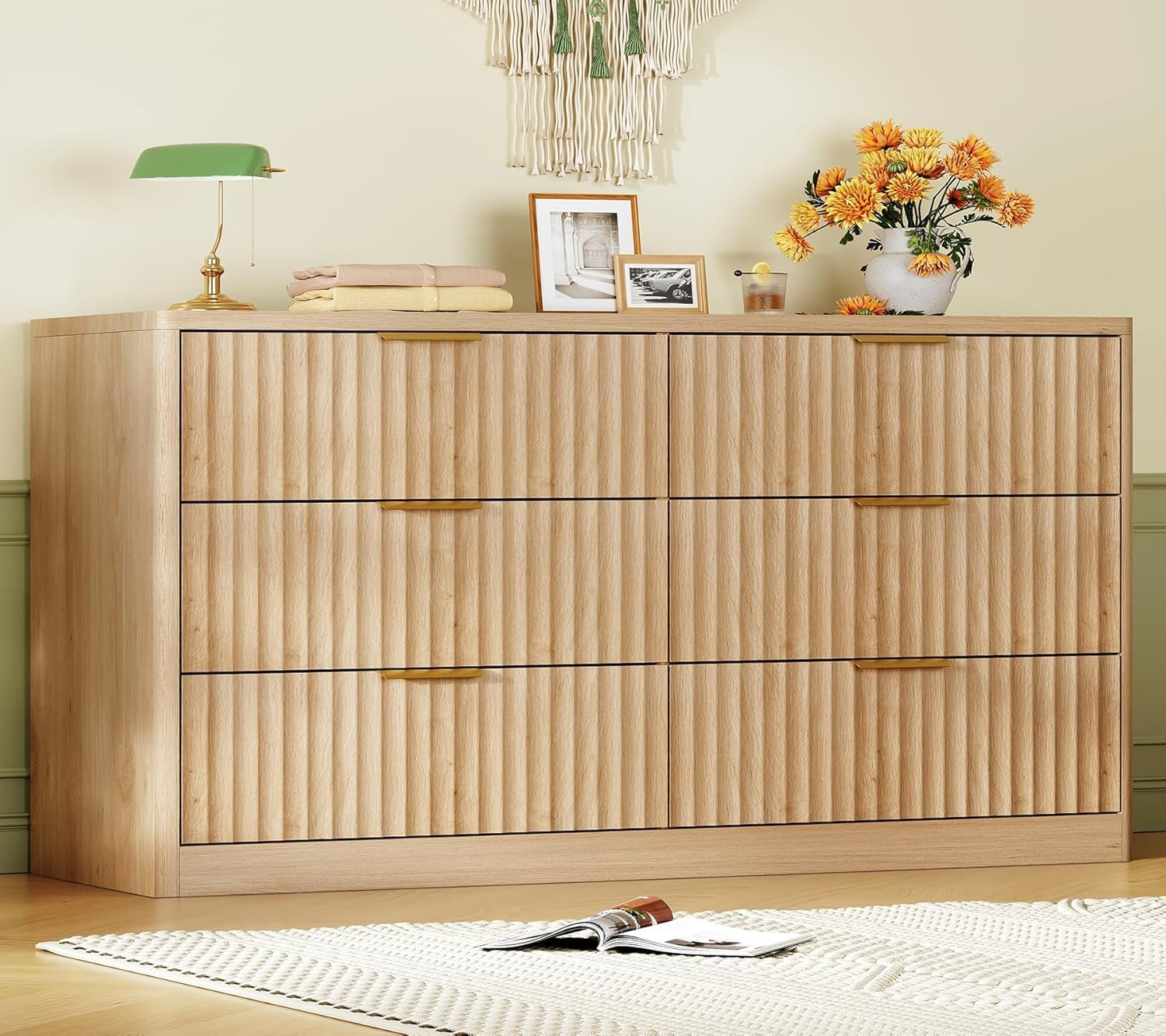 TEENFON Fluted 6 Drawer Dresser for Bedroom, Wide Modern Chest of Drawers with Metal Handle, Curv... | Amazon (US)