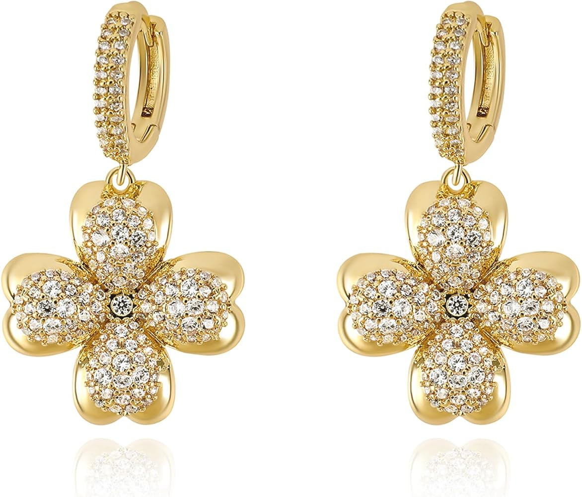 Gold Clover Earrings for Women Dangle Gold Plated Cubic Zirconia Lucky Four Leaf Hoop Huggie Earr... | Amazon (US)