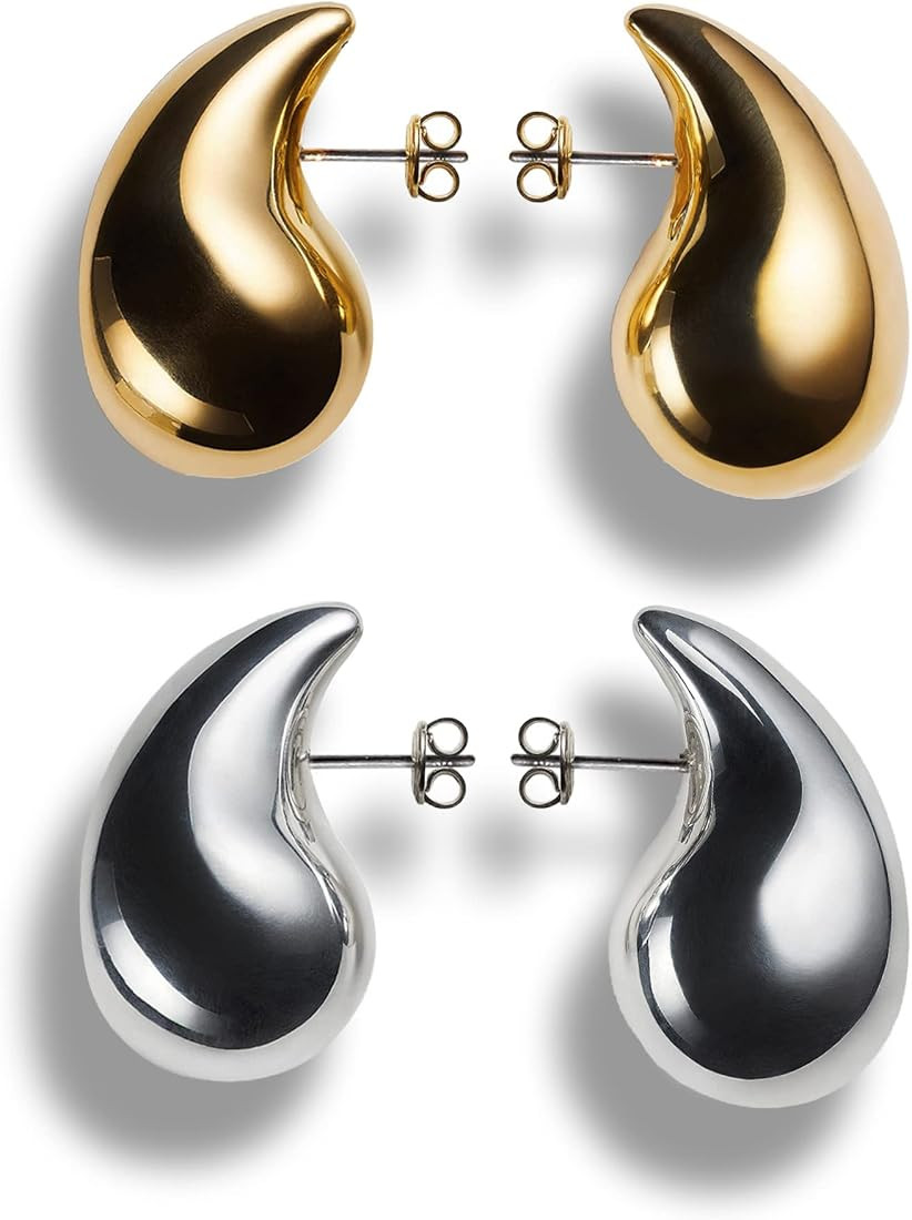 2 Pairs Chunky Gold Hoop Earrings for Women, Lightweight 14K Gold Plated Teardrop Open Hoops, Hyp... | Amazon (US)