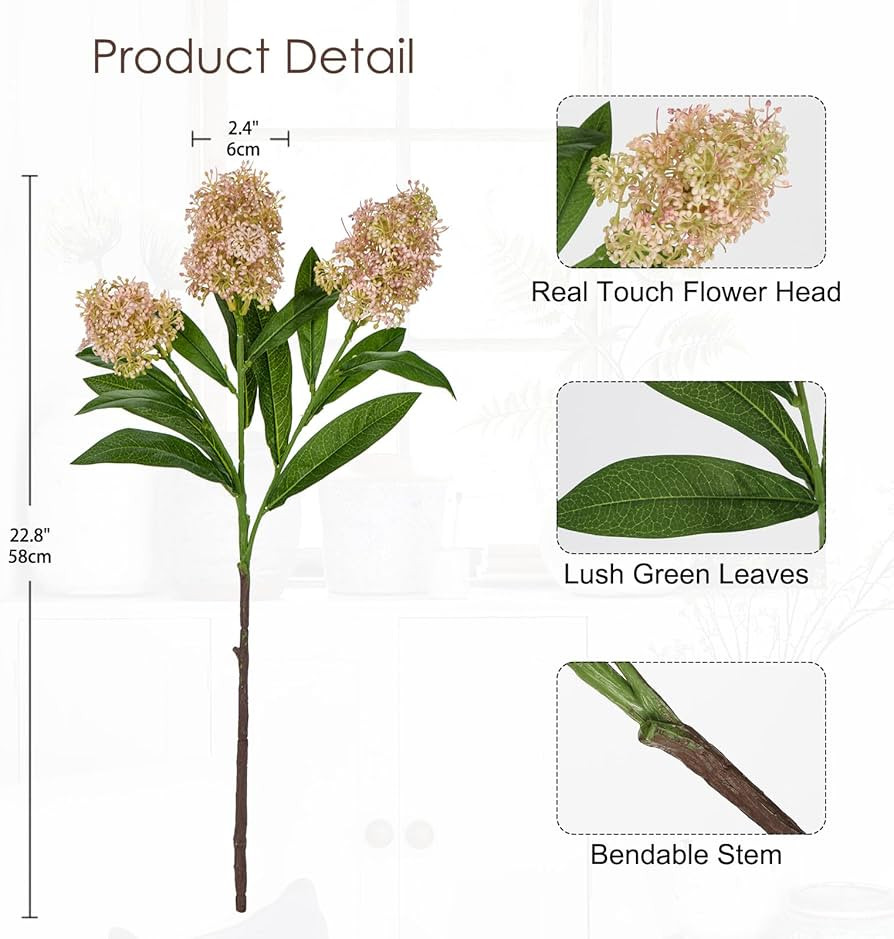 Briful 3PCS Artificial Flowers Faux Skimmia Spray with Leaves 22.8 Inch Long Stem Fake Flowers for Home Vase Table Centerpiece Floral Arrangement Wedding Bouquet (Pale Pink) | Amazon (US)