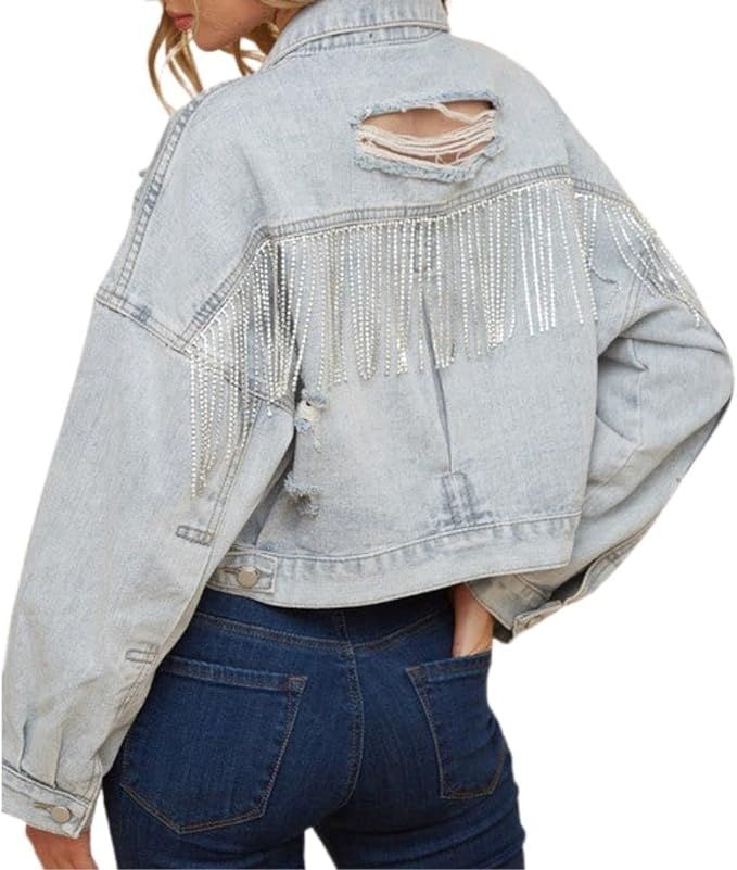 Xunger Women’s Crop Rhinestone Fringe Denim Jacket Long Sleeve Distressed Ripped Tassel Jean Co... | Amazon (US)