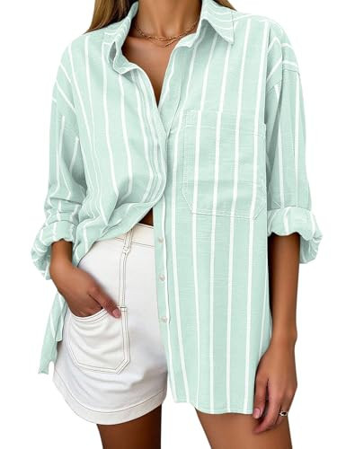 Oversized Button Down Shirts for Women Linen Shirt Long Sleeve Collared Blouses with Pocket Beach Vacation Outfit 2026 Light Green White Striped M | Amazon (US)