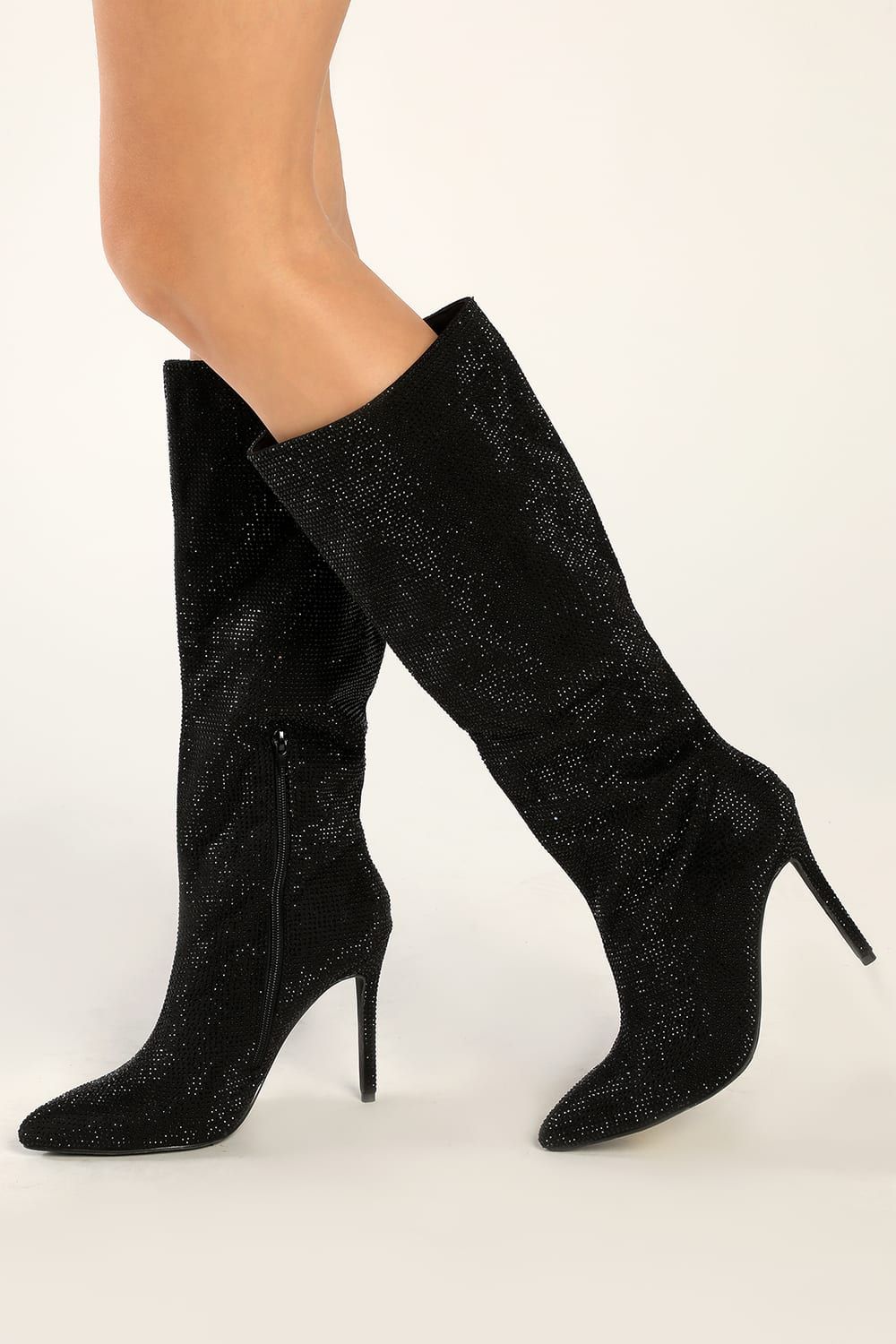 My Crush Black Rhinestone Pointed-Toe Knee-High Boots | Lulus (US)