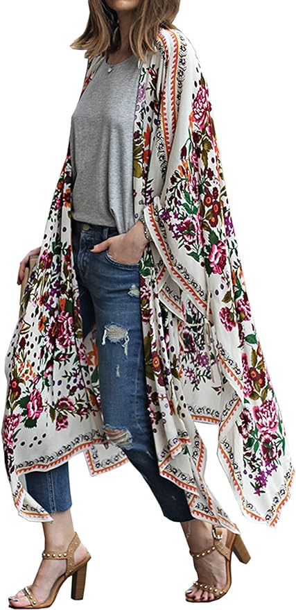 Hibluco Women's Summer Chiffon Floral Kimono Cardigan Long Swimwear Cover Ups | Amazon (US)
