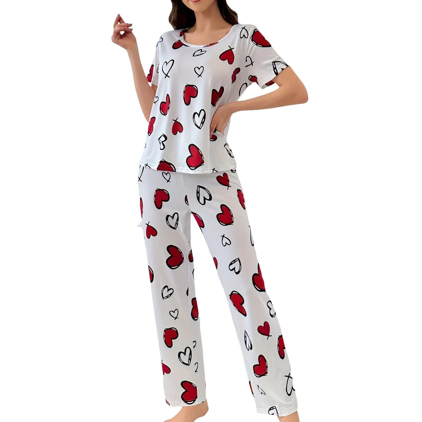 FUNDUFI Women Pajamas Short Sleeve Trousers Home Wear Set Fashionable Valentine Day Love Printed ... | Walmart (US)