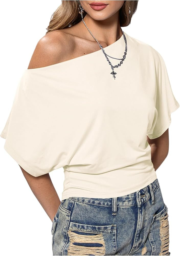 SweatyRocks Women's Off The Shoulder Crop Tops Asymmetrical Y2K Going Out Top Dolman Short Sleeve... | Amazon (US)