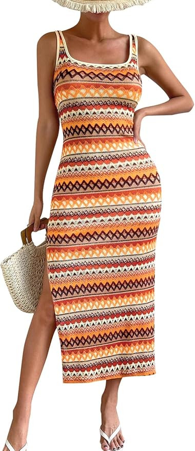 PRETTYGARDEN Womens 2024 Summer Fitted Tight Square Neck Beach Sundress | Amazon (US)