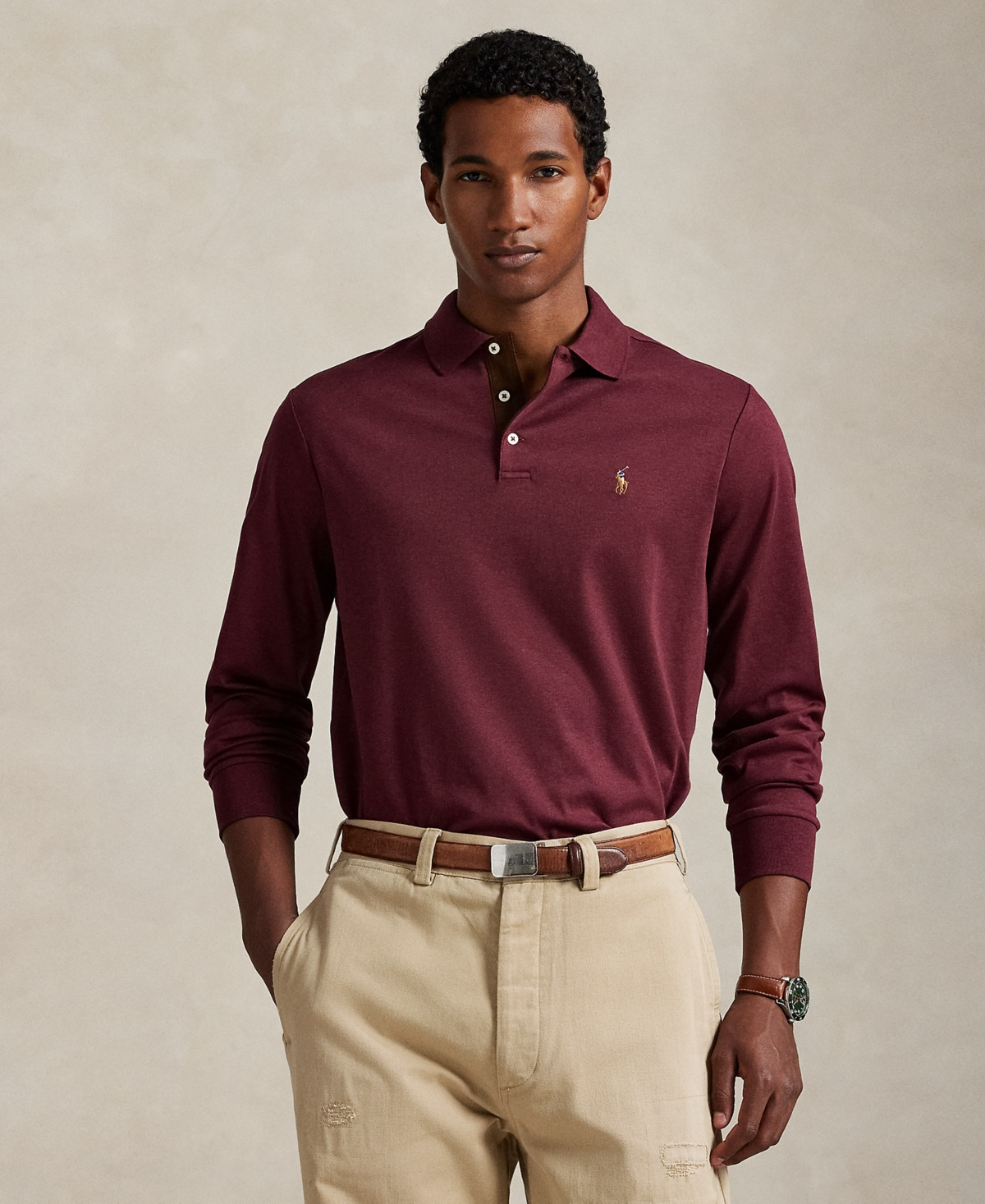 Polo Ralph Lauren Men's Classic-Fit Long Sleeve Soft Cotton Polo Shirt - Spring Wine Heather | Macy's