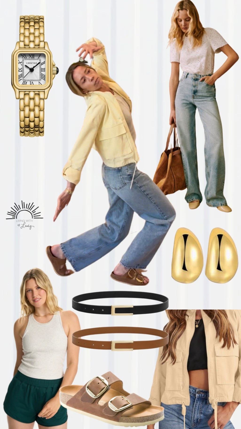  5'9.5", 135 lbs, size 6 in jeans (if in between sizes and/or needing a little extra length, size up) medium in jacket, small in tank top  