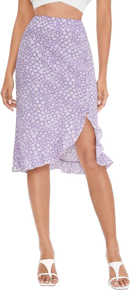 SweatyRocks Women's Floral Print High Waist Wrap Ruffle Hem Flared A Line Midi Skirt | Amazon (US)