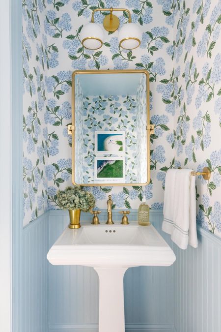 Our powder room and hydrangea wallpaper always brings a smile to my face. A happy and chic coastal bathroom with all the Grandmillennial vibes. This pedal sink and gold mirror are truly amazing! 

#LTKfamily #LTKhome #LTKSeasonal