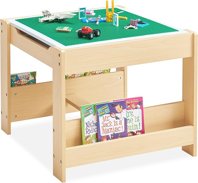 3 in 1 Kids Wooden Activity Table with Bookshelves, 2 in 1 Detachable Tabletop Construction Play ... | Amazon (US)
