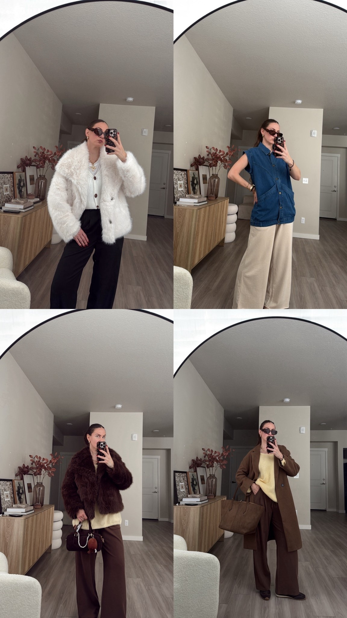 faux fur jacket, chocolate brown jacket, wide leg pants 