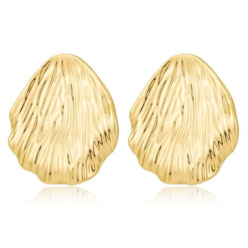 Chunky Gold Earrings for Women Trendy Statement Textured Stud Earrings Bold Geometric Gold Accessories Jewelry for Women (shell) | Amazon (US)