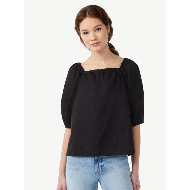 Free Assembly Women's Square Neck Top with Blouson Sleeves - Walmart.com | Walmart (US)