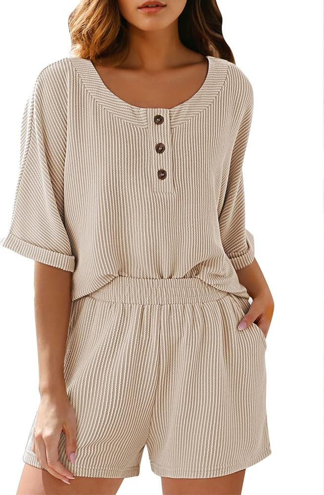 Pink Queen Womens 2 Piece Lounge Sets Soft Pajama Sets Short Sleeve Button Tops Tracksuit Casual ... | Amazon (US)