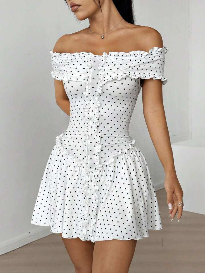 SHEIN EZwear Women's Polka Dot Print Ruffle Off Shoulder Casual Mini Dress | SHEIN