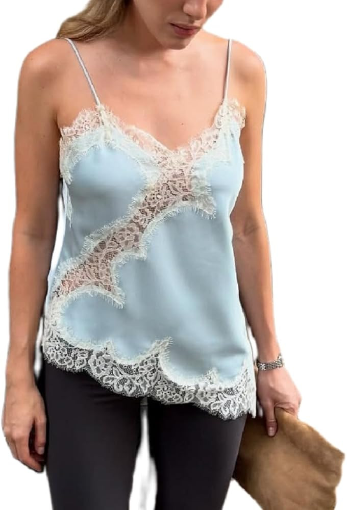 Women Satin Lace Cami Tops Y2k Asymmetrical Camisole Sexy Spaghetti Strap Side Slit Tank Top Tren... | Amazon (US)