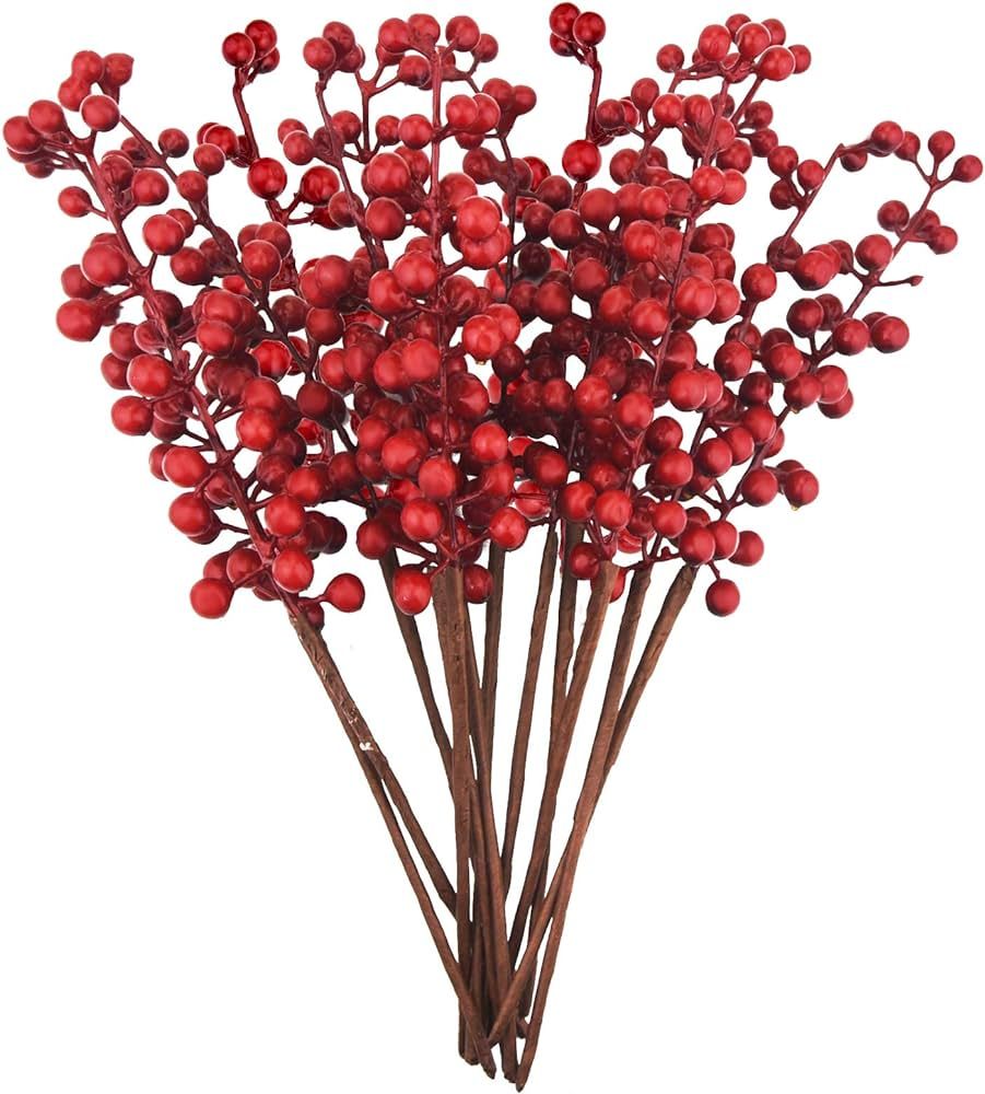 Jmkcoz 12 Pack Artificial Red Berry Stems Branches, Fake Burgundy Berry Picks Holly Berries for C... | Amazon (US)