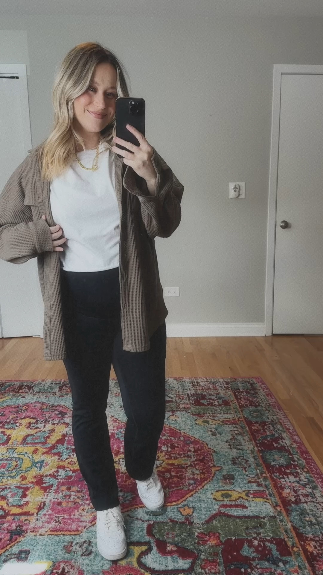 Comfy maternity outfit  from Amazon / oversized shirt, cropped top, maternity leggings, white sneakers, gold jewelry #maternity #amazonfashion 

#LTKfindsunder50 #LTKbump #LTKshoecrush