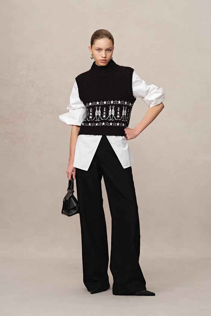 Star Walker Fair Isle Sleeveless Sweater in Wool Pom-Pom Yarn Knit | Fabrique