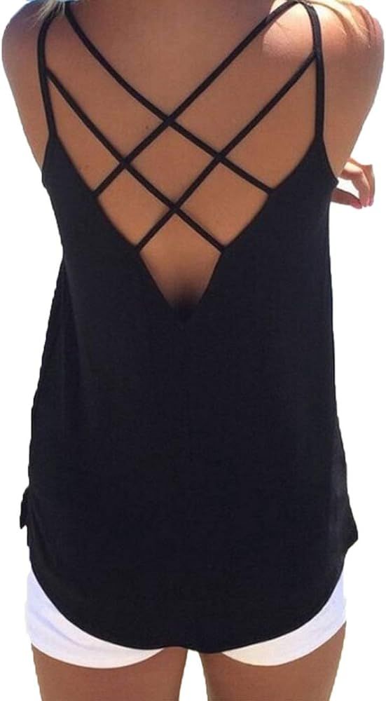 Women's Cute Criss Cross Back Tank Tops Loose Hollow Out Camisole Shirt | Amazon (US)