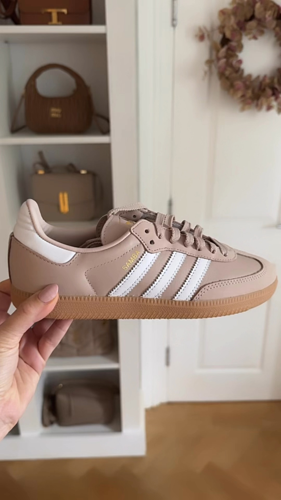 Autumn ready and totally in love with these new adidas samba taupe and gold sneakers 😍