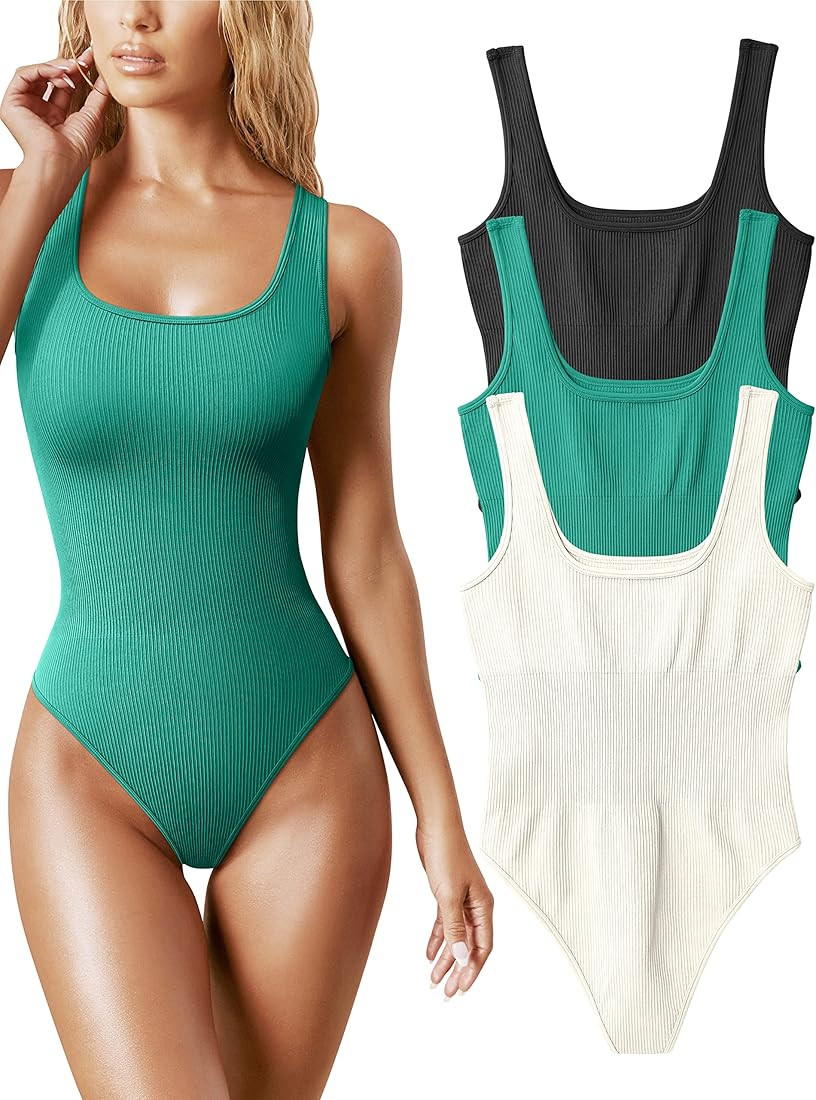 OQQ Women's 3 Piece Bodysuits Sexy Ribbed Sleeveless Square Neck Sleeveless Tank Tops Bodysuits | Amazon (US)