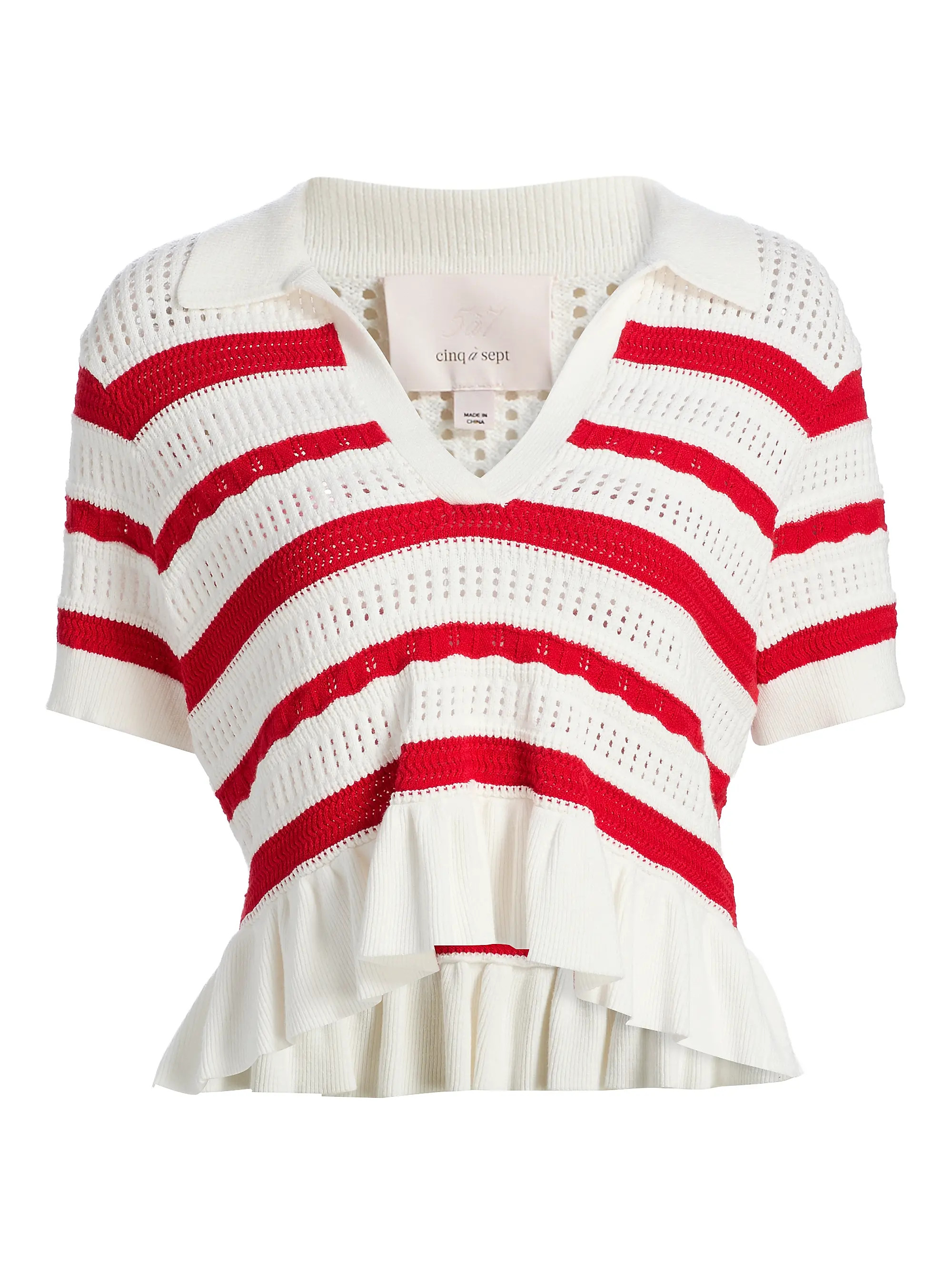Cinq à Sept Elvire Striped Pointelle Polo Sweater | Saks Fifth Avenue | Saks Fifth Avenue