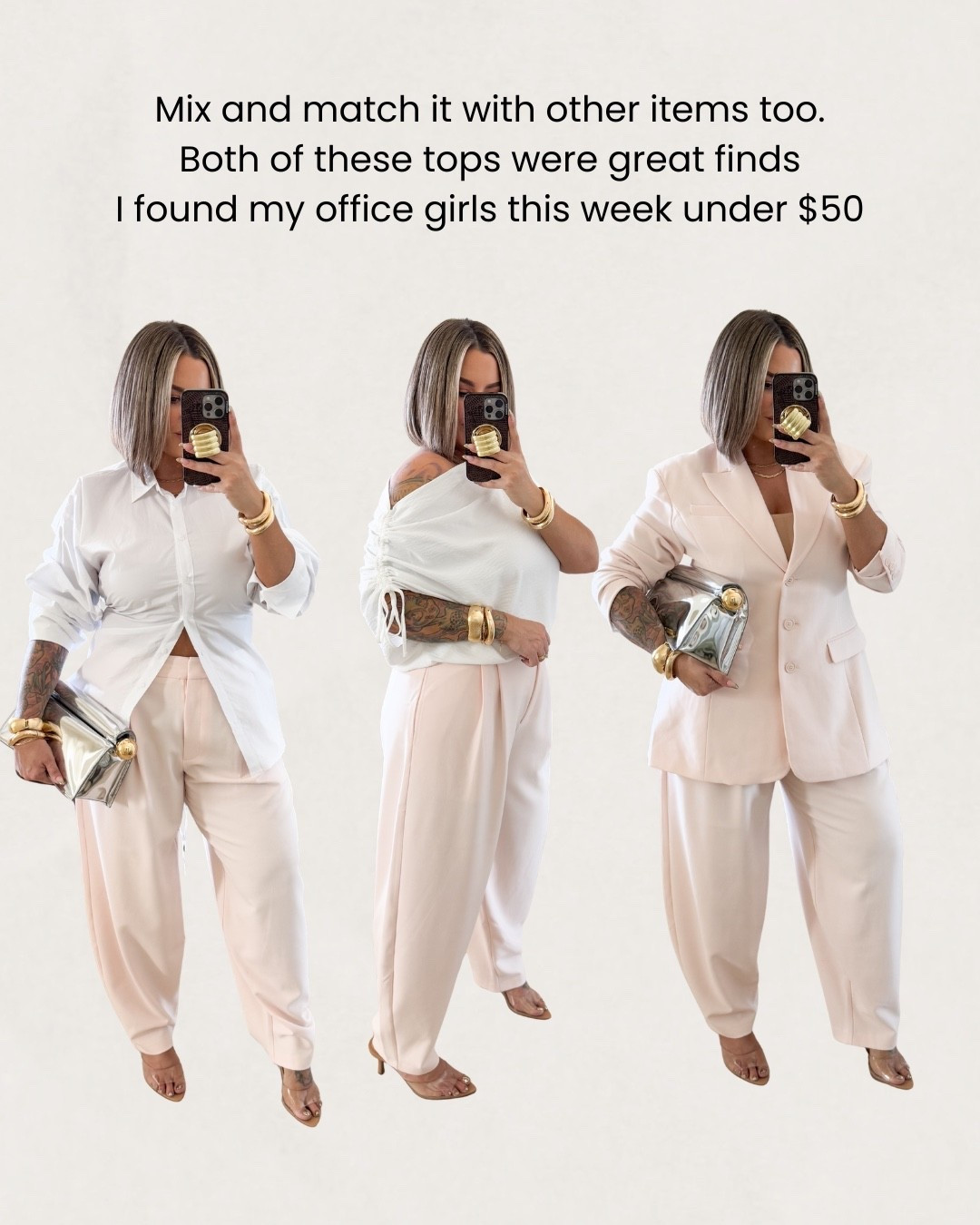 Blazer could have done L I’m wearing xl 
Pants I got in a 12 and a 14 both fit great 14 is just a baggy oversized fit. That’s what I’m wearing here. 
White button up xl 
White off the shoulder top xl
