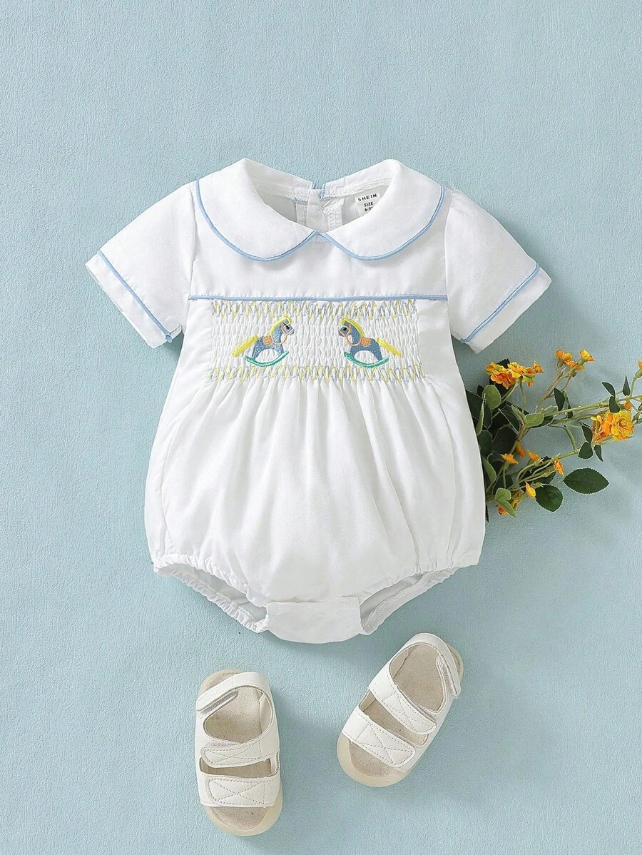 Souflis Baby Boy Peter Pan Collar Stripe Print Cartoon Pattern Short Sleeve Fashionable Romper Wi... | SHEIN