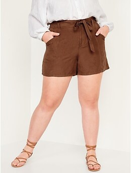 High-Waisted Soft Linen-Blend Paperbag Workwear Shorts for Women - 4.5-inch inseam | Old Navy (US)