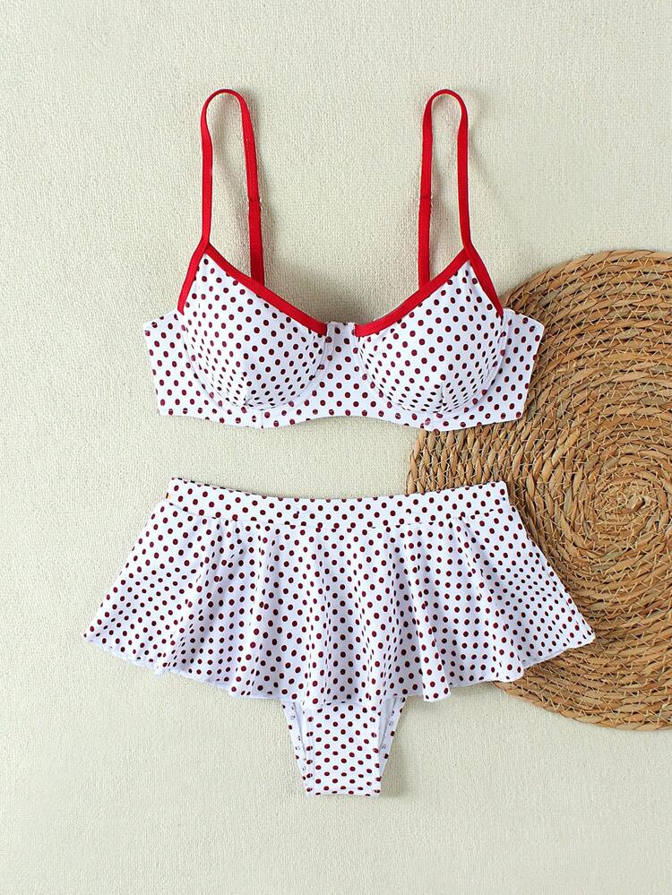 2026 Spring/Summer Women's White & Red Polka Dot Ruffle Bikini, Contrasting Color Sexy Two Pieces... | SHEIN