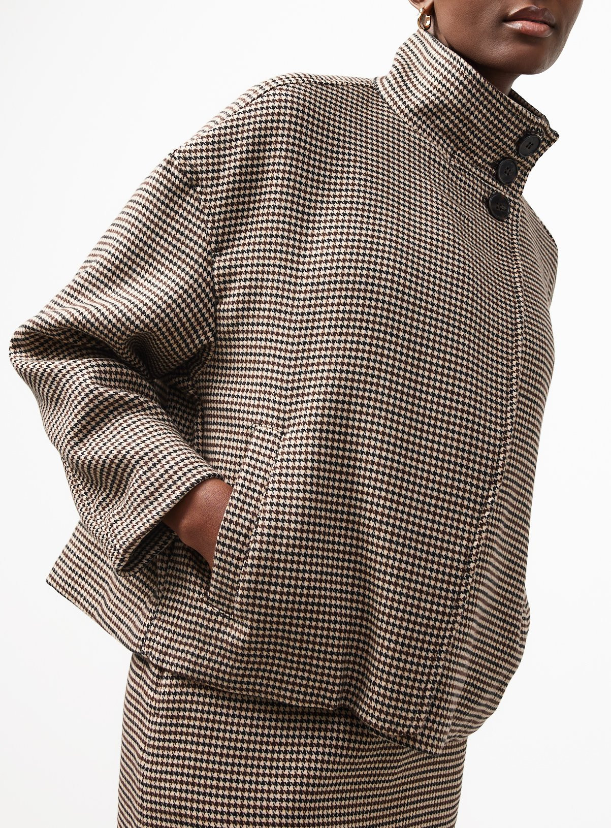 Brown Check Funnel Neck Boxy Jacket | Tu Clothing