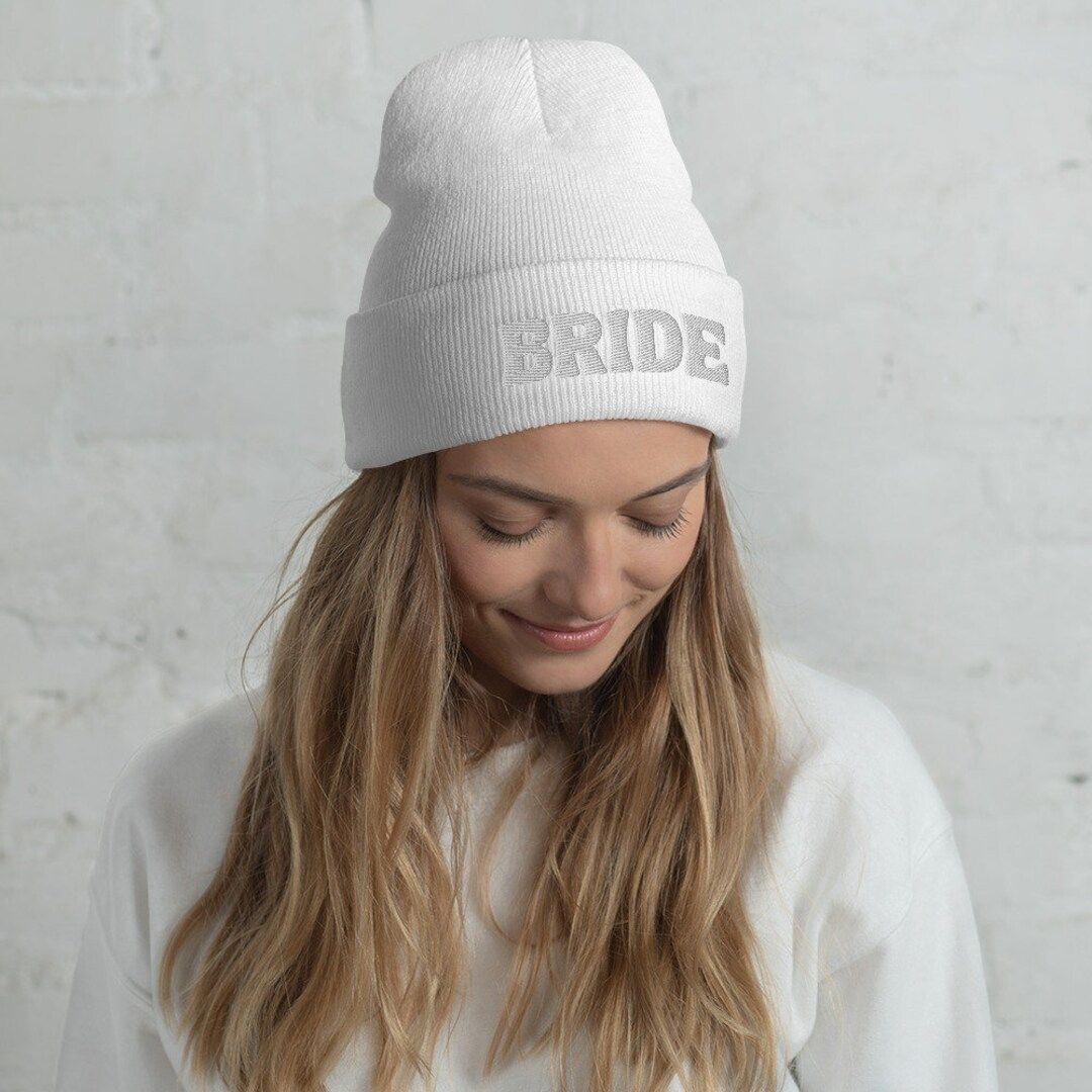Bride Cuffed Beanie White on White Bride Beanie Cap Bride Gift Bride Bachelorette Winter Bride En... | Etsy (US)