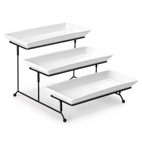 MALACASA 3 Tier Serving Trays for Party, Porcelain Serving Platters and Trays, 12 Inch Tiered Tray Stand, Fruit Tray, Trays for Serving Food, White Dessert Stand with Collapsible Sturdier Metal Rack | Amazon (US)