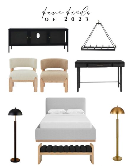 Modern bed upholstered. Modern accent chair boucle. Black cabinet modern. Black console table modern. Brass floor lamp black. Modern bench black. Dining room chandelier 

#LTKsalealert #LTKhome