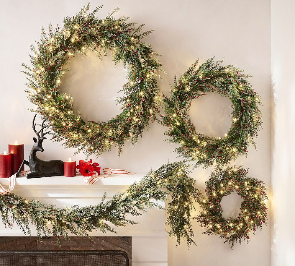 Faux Lit Cedar Berry Pine Wreath & Garland | Pottery Barn (US)