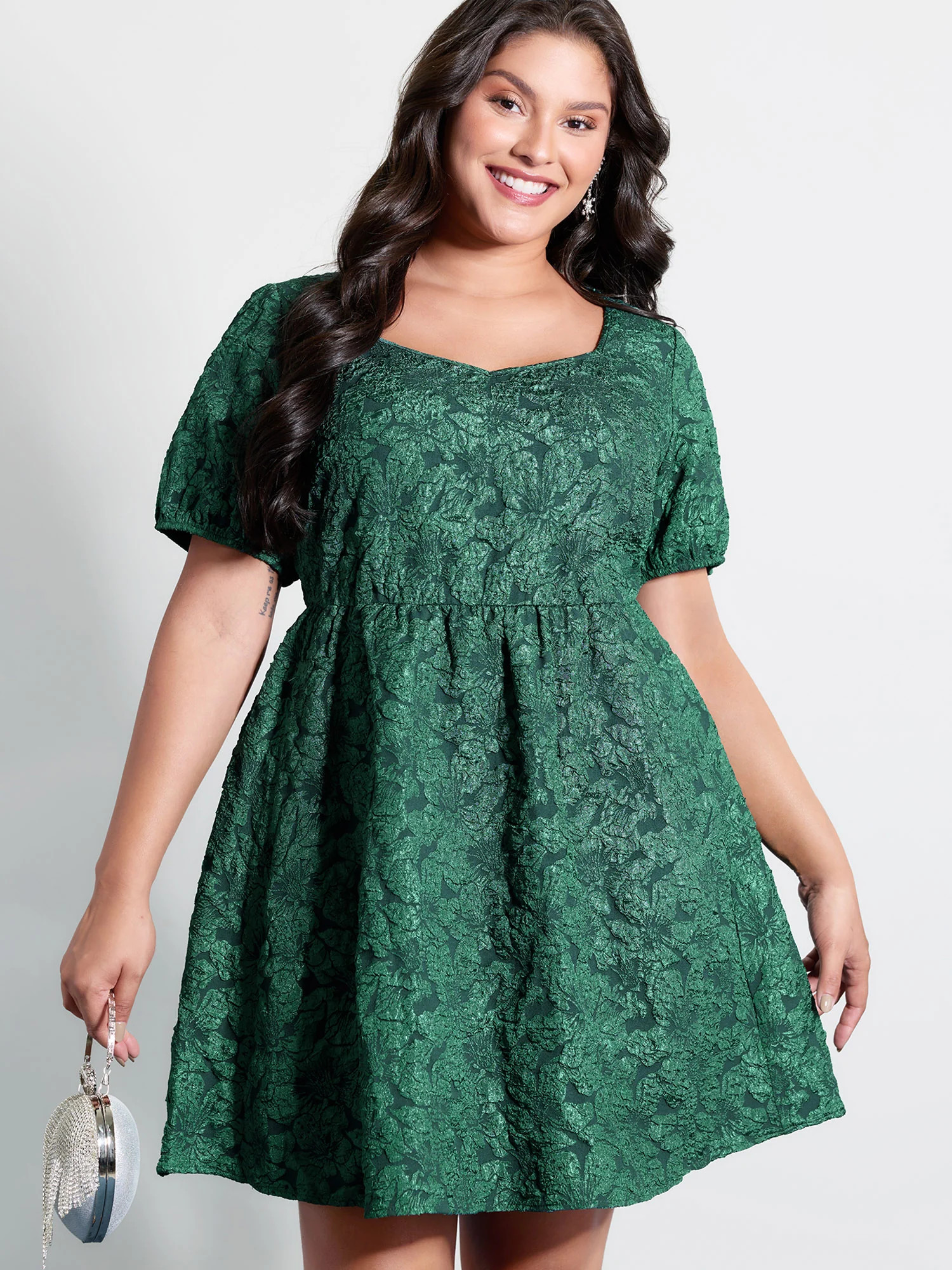 Textured Jacquard Puffy Sleeve Knee Dress | Bloomchic