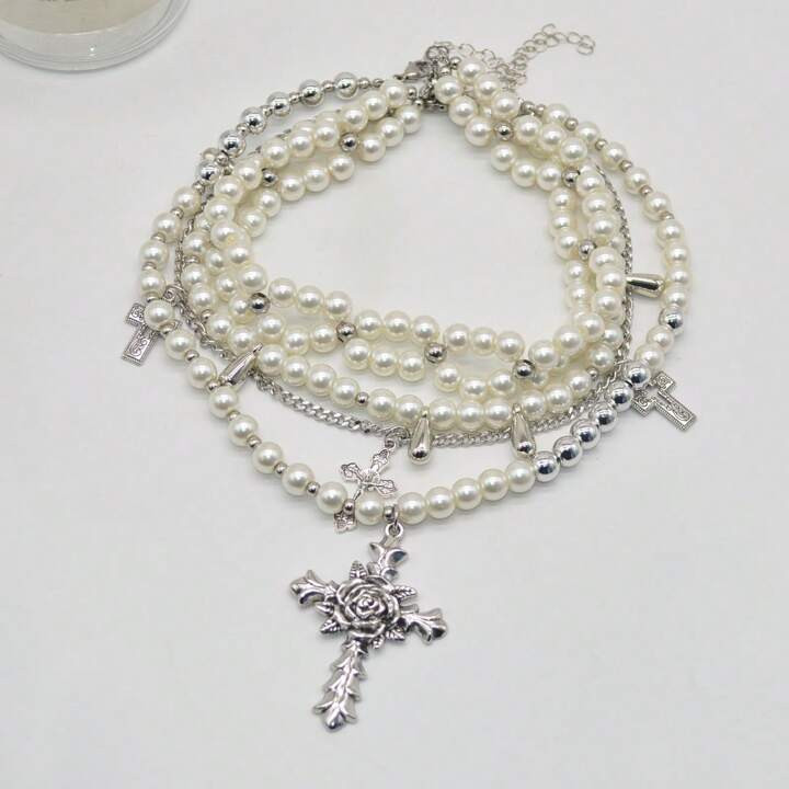 Multi-Layer Pearl Choker With Cross Pendant, Heavy-Duty Design, High-End Style, Versatile Collarb... | SHEIN