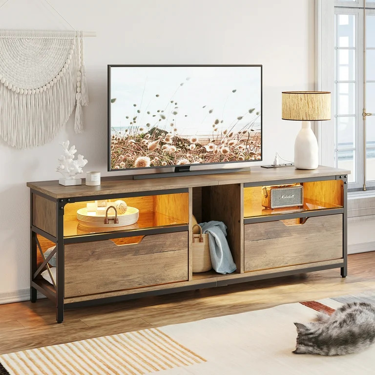 Bestier TV Stand with LED Lights & Charging Station for TVs up to 70", Weathered Rustic Oak | Walmart (US)