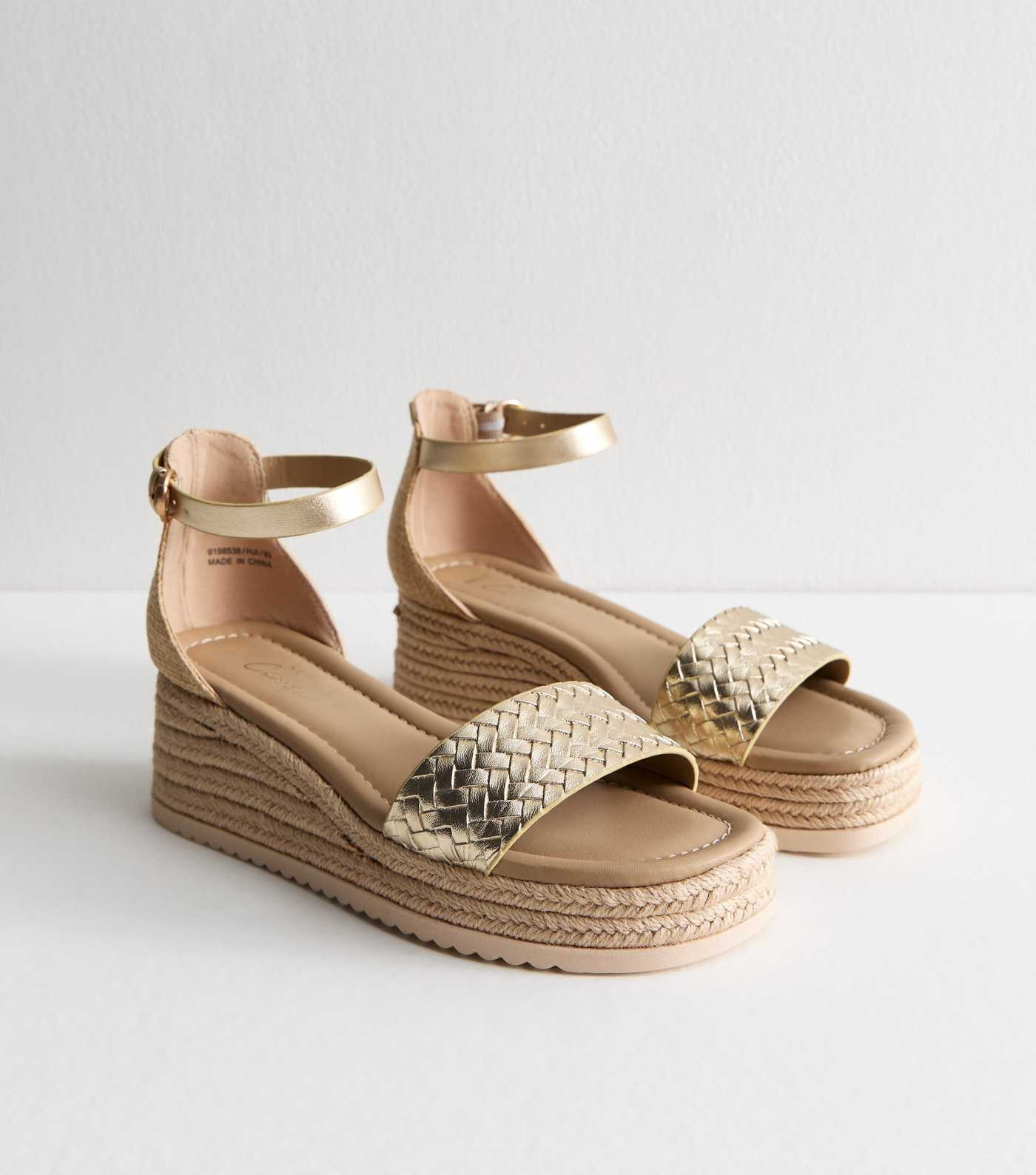 Wide Fit Gold Faux Leather Woven Strap Flatform Wedge Sandals | New Look | New Look (UK)