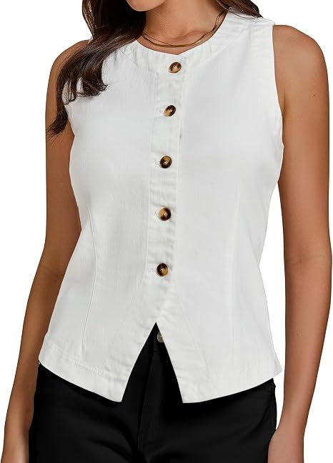 luvamia Denim Vest for Women Sleeveless Strechy Jean Vest Top Button Down Crewneck Casual Summer ... | Amazon (US)